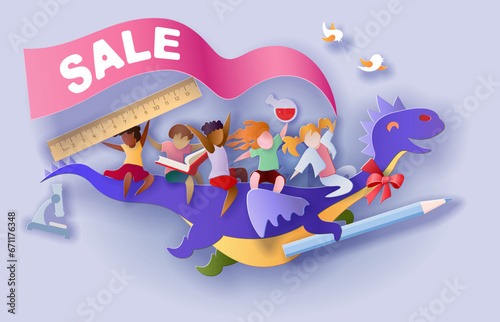 Back to school sale background. Paper cut cartoon kids