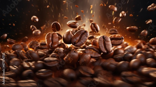 Coffee beans explosion.Brown Coffee Beans Closeup.