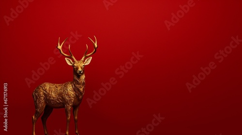 On a crimson background, there is a golden deer. photo