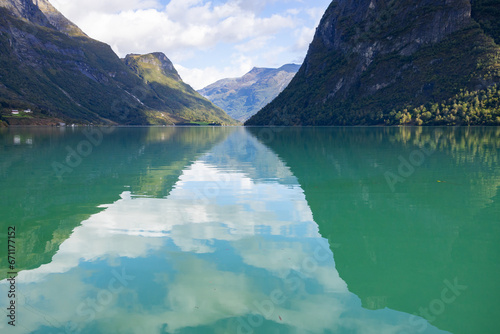 Autumn landscape in Briksdalbreen glacier valley in South Norway, Europe. photo