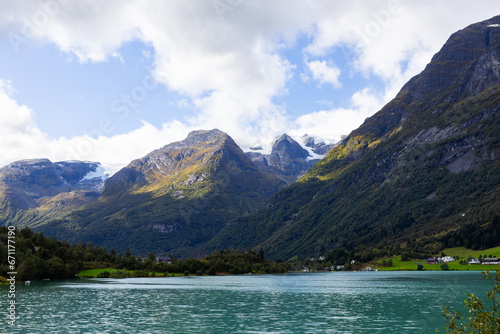 Autumn landscape in Briksdalbreen glacier valley in South Norway, Europe.