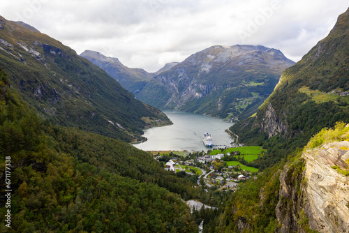 Autumn landscape in Geiranger Fiord valley in south Norway, Europe