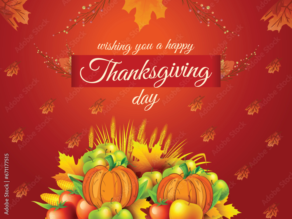 Greeting Thanksgiving message with realistic leaves apples fallen background design template 08