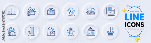 Floor plan, Realtor and Buildings line icons for web app. Pack of Delivery man, Sports arena, Garage pictogram icons. University campus, Electricity factory, Lighthouse signs. Sleep. Vector