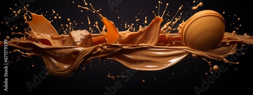 Caramel splash milk sauce chocolate liquid background cream explosion png toffee food falling. Splash caramel candy 3D isolated nougat milk wave swirl fly design syrup condensed black dark white drop.