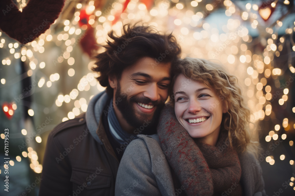 Portrait of a beautiful young smiling and hugging couple on the background of lights of garlands. Portrait of a beautiful young smiling and hugging couple on the background of lights of garlands.