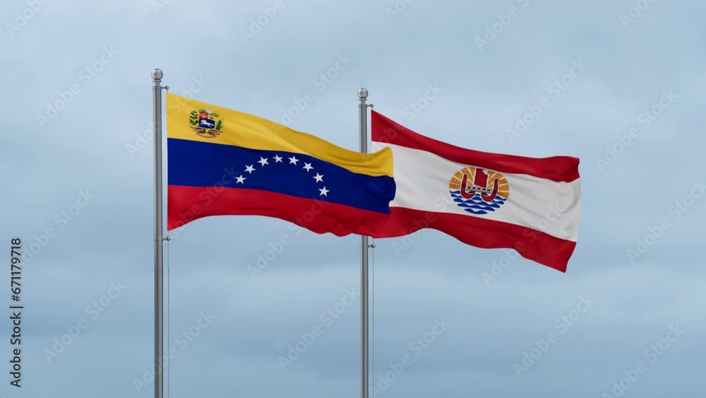 French Polynesia flag and Venezuela flag waving together on cloudy sky, endless seamless loop, two country relations concept French Polynesia flag and Venezuela flag waving together on cloudy sky, endless seamless loop, two country relations concept