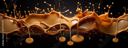 Caramel splash milk sauce chocolate liquid background cream explosion png toffee food falling. Splash caramel candy 3D isolated nougat milk wave swirl fly design syrup condensed black dark white drop. photo