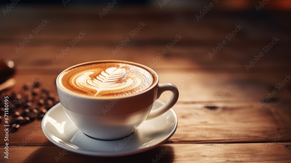 Hot cappuccino coffee latte art on table on wooden background. Hot cappuccino coffee latte art on table on wooden background.