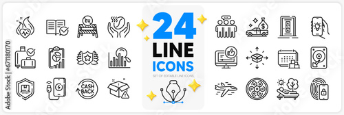 Icons set of Cash transit, Cable section and Laureate line icons pack for app with Approved documentation, Electric app, Report thin outline icon. Baggage reclaim, Delivery, Hdd pictogram. Vector