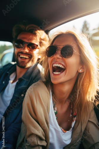 A man driving a car with his girlfriend and having fun