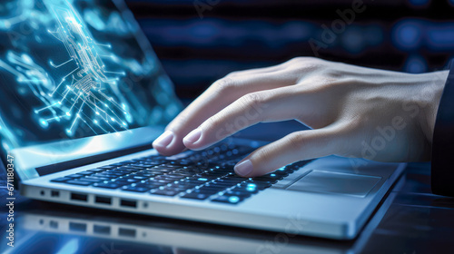 Robot hand typing on laptop keyboard on dark blue background
