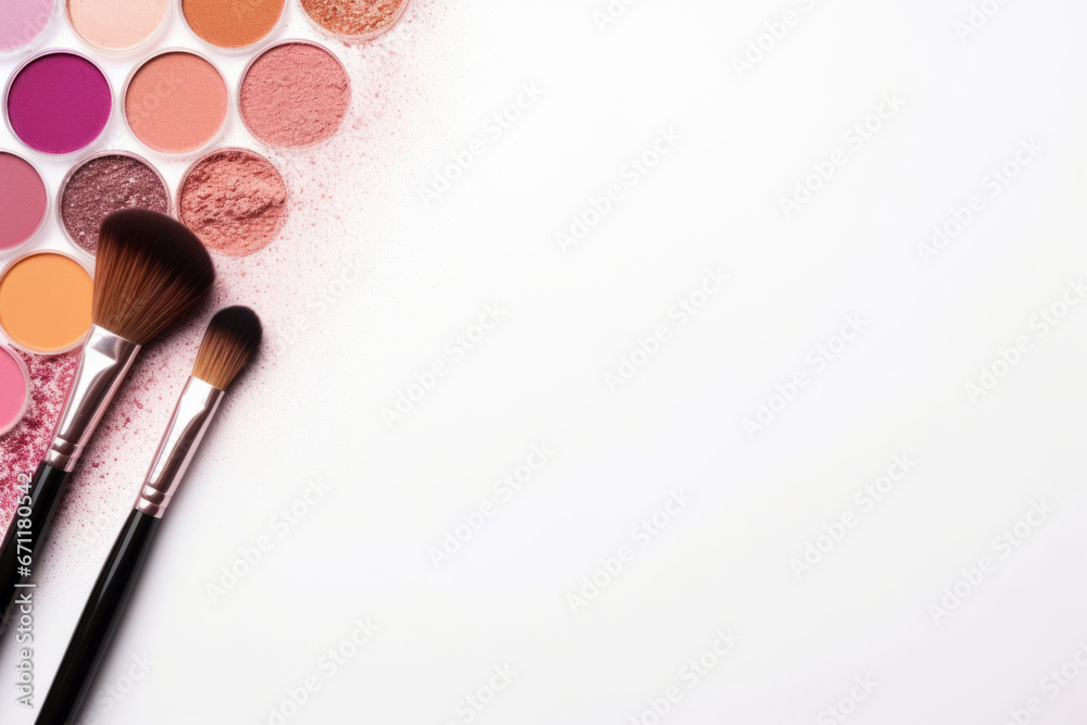 Makeup brushes and decorative cosmetics on a white background, top view. Generative AI Makeup brushes and decorative cosmetics on a white background, top view. Generative AI