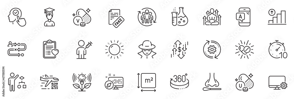 Icons pack as People vaccination, Graph chart and Nasal test line icons for app include Cogwheel, Incubator, Patient history outline thin icon web set. Monitor settings, Algorithm. Vector - obrazy, fototapety, plakaty 