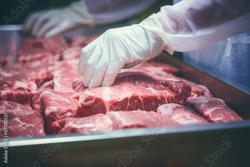 Worker at the meat factory pack the meat into the plastic foil. Generative AI