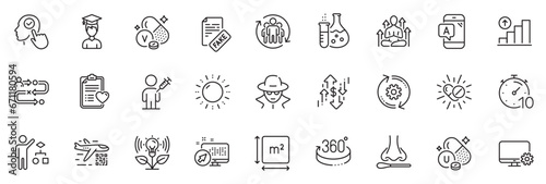 Icons pack as People vaccination, Graph chart and Nasal test line icons for app include Cogwheel, Incubator, Patient history outline thin icon web set. Monitor settings, Algorithm. Vector