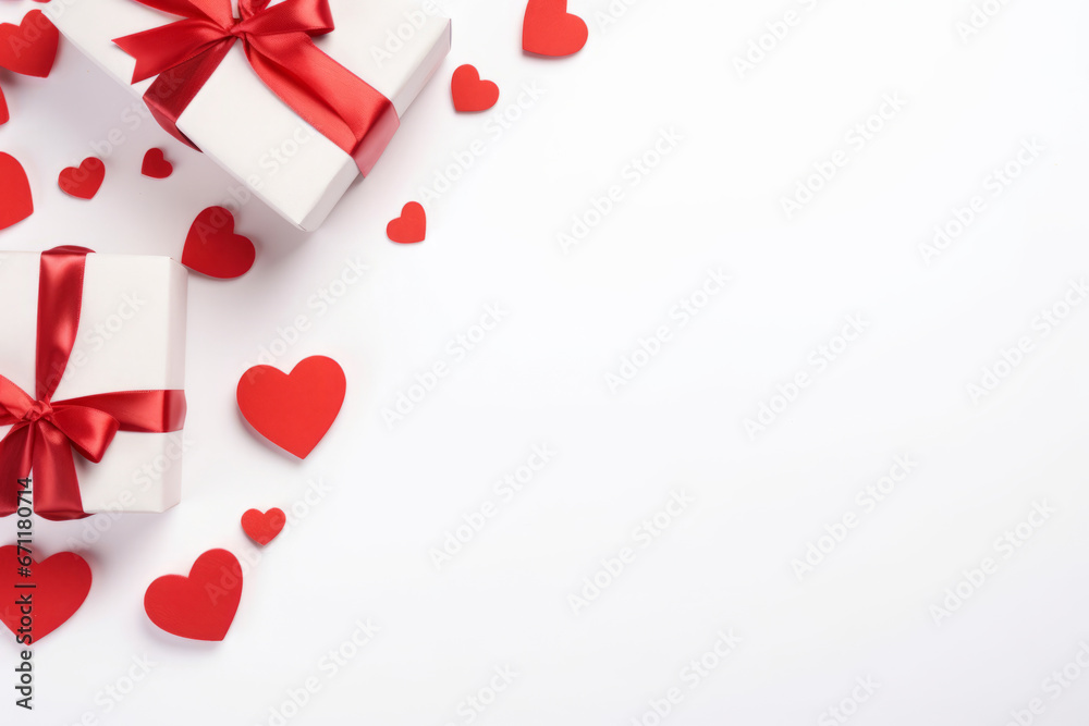 Gifts and hearts on white background, top view. Valentines day concept . Generative AI