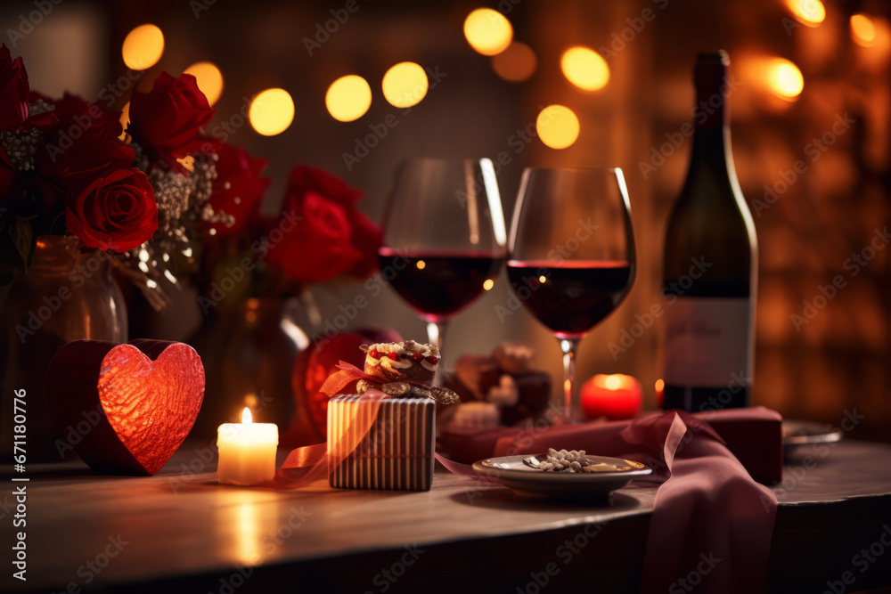 Romantic dinner table with red wine, box of chocolates and candle lights. Generative AI