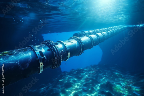 Underwater pipeline for oil and gas transport. Metal conduit in ocean. Subsea industry equipment at sea bottom. Generative AI