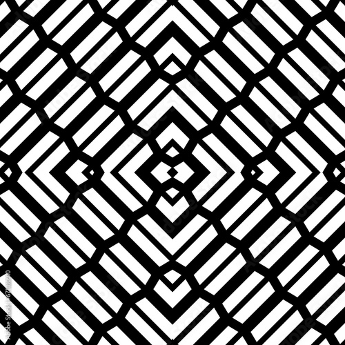 Repeated white geometric figures on black background. Seamless surface pattern design with symmetrical trapeziums and brackets ornament. Polygons wallpaper. Diagonal dashes and lines motif. Vector art