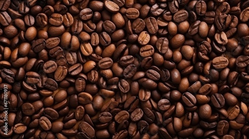 Top view background of aromatic brown coffee beans scattered on surface. © venusvi
