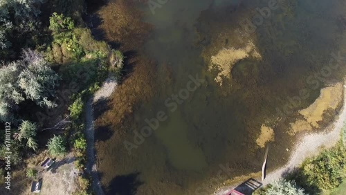 Aerial Footage of Pond in Montana with algae, Summertime
