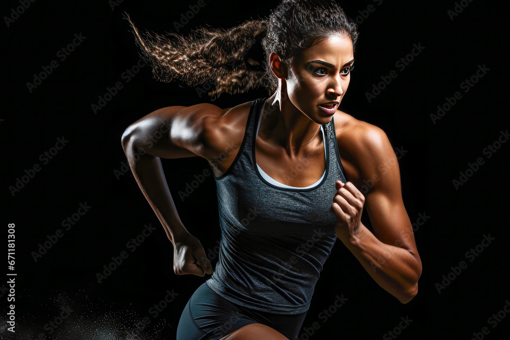 Obraz premium Fitness woman running on black background. Sport and healthy lifestyle concept.
