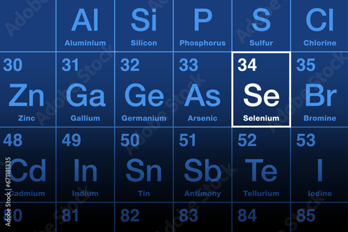 Selenium element on the periodic table with element symbol Se and with the atomic number 34. Trace amounts are necessary for cellular function, and are an essential micronutrient. Illustration. Vector