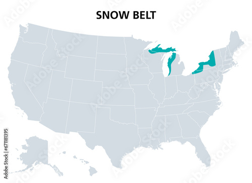 Snow Belt of the United States, political map. Also called snowbelt, is the region near the Great Lakes in North America, where heavy snowfall in the form of lake-effect snow is particularly common.