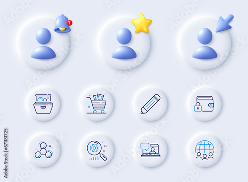Search statistics, Global business and Grocery basket line icons. Placeholder with 3d cursor, bell, star. Pack of Dishwasher, Chemistry molecule, Friends chat icon. Lock, Pencil pictogram. Vector