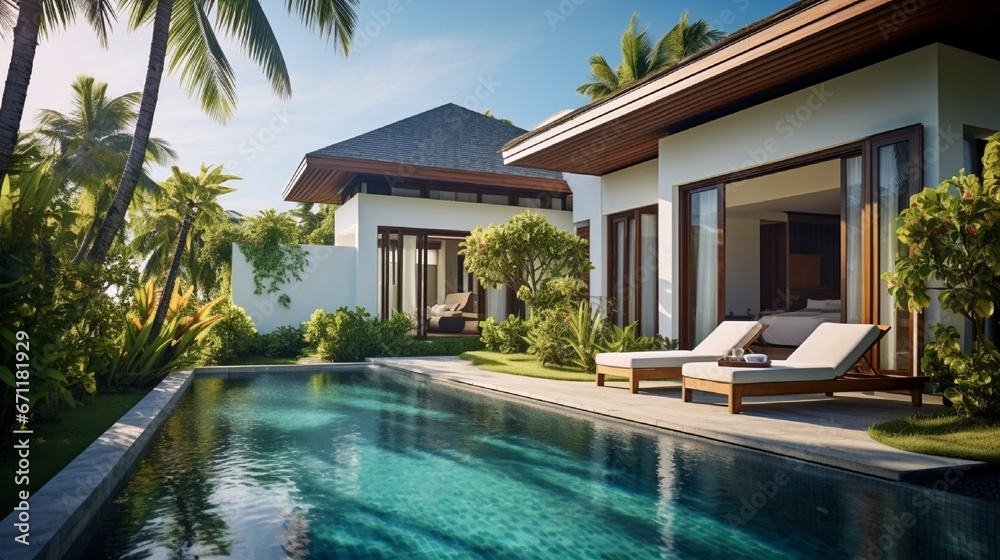 home or house construction The exterior and interior design depicts a tropical pool villa with a green garden, a sun bed, and a blue sky.