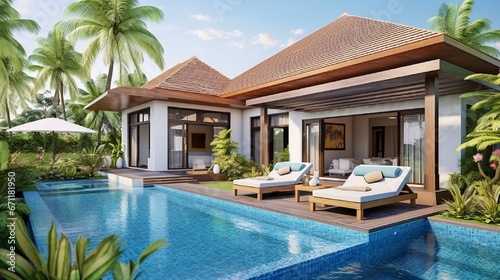 home or house construction The exterior and interior design depicts a tropical pool villa with a green garden, a sun bed, and a blue sky. © Nazia