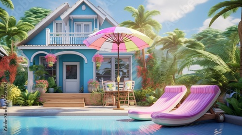 house or home The exterior design depicts a tropical pool villa with a lush garden and a sun bed.