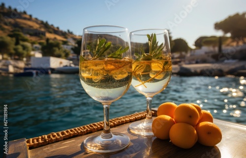Enjoy a relaxing evening by the water with two glasses of wine and a plate of fresh fruits, set up on a beautiful deck