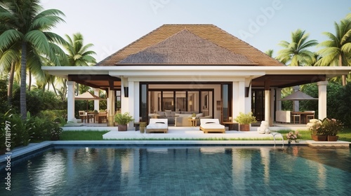 house or home The exterior design depicts a tropical pool villa with a lush garden and a sun bed. © Nazia
