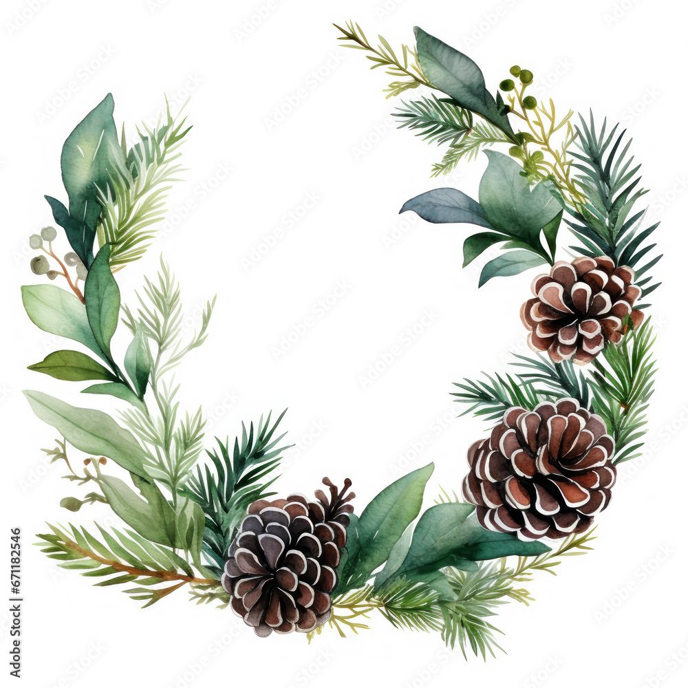 Christmas wreath frame with fir branches and pine cones, isolated on white, holiday card design Christmas wreath frame with fir branches and pine cones, isolated on white, holiday card design