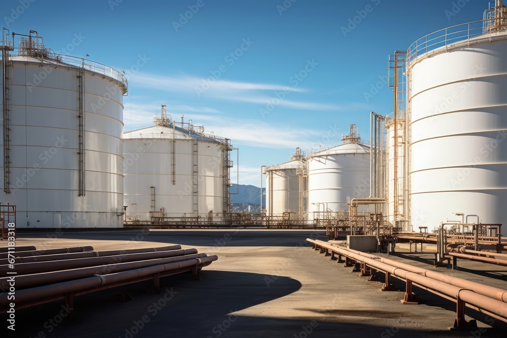Tank farm with rows of oil storage tanks.