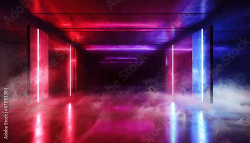 Sci-Fi Futuristic Smoke Fog Neon Laser Garage Room Red Electric Cyber Hanging Lights Warehouse Background