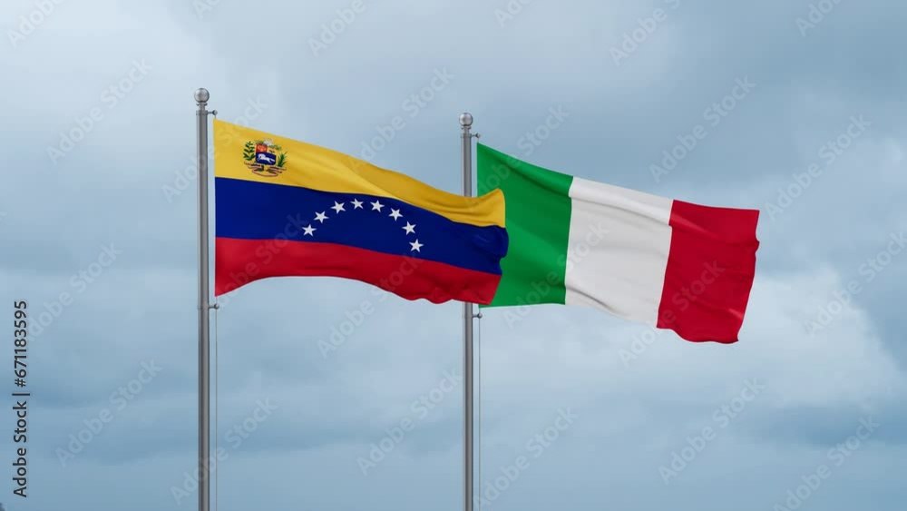 Italy and Venezuela flag waving together on cloudy sky, endless seamless loop, two country cooperation concept Italy and Venezuela flag waving together on cloudy sky, endless seamless loop, two country cooperation concept