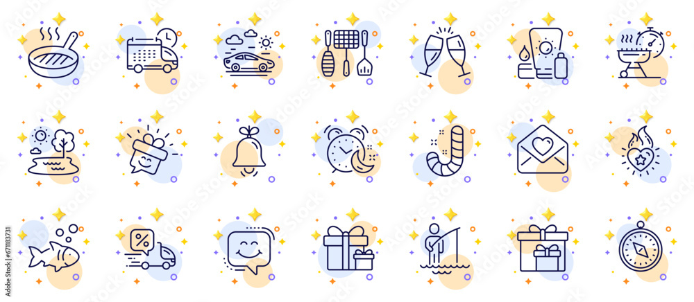 Outline set of Delivery, Delivery boxes and Fisherman line icons for web app. Include Lake, Heart flame, Smile pictogram icons. Candy, Car travel, Fish signs. Grill time. Circles with 3d stars. Vector Outline set of Delivery, Delivery boxes and Fisherman line icons for web app. Include Lake, Heart flame, Smile pictogram icons. Candy, Car travel, Fish signs. Grill time. Circles with 3d stars. Vector
