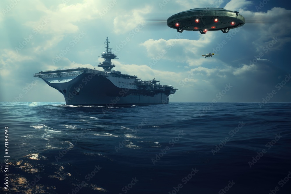 Water drone near a large military ship Water drone near a large military ship