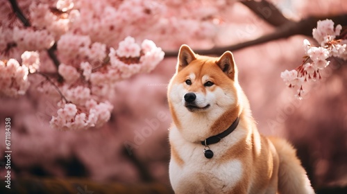 Shiba Inu dog breed against the background of cherry blossoms. Generation AI photo