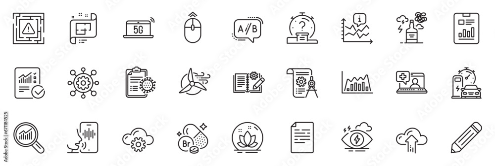 Icons pack as Medical help, Stress and Checked calculation line icons for app include Cloud computing, Chart, Maze attention outline thin icon web set. Windmill turbine, Lotus. Vector - obrazy, fototapety, plakaty 