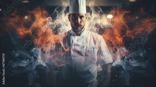 Double exposure photography of close up chef and the kitchen, sunset colors, on dark background, stock photo, cook, chef, person, food, restaurant, kitchen, professional