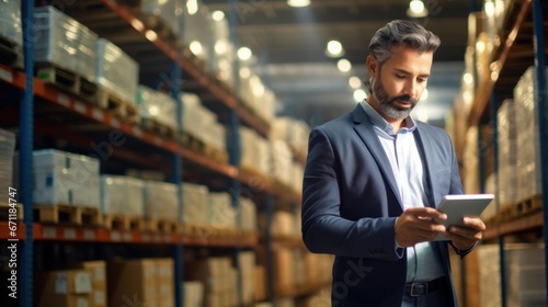 man business owner using checklist recheck amount of stock product inventory on shelf at distribution warehouse factory.logistic business ship and delivery, inventory flow, professional