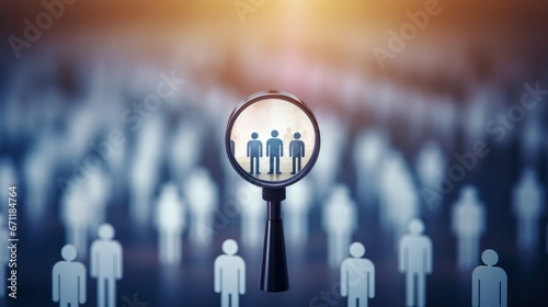 HRM or Human Resource Management, Magnifier glass focus to manager icon which is among staff icons for human development recruitment leadership and customer target. resume, interview. generate by AI