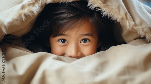 little asian children kid playing hide and seek standing behind the sofa, Adorable child having fun in the home. happy family have fun with kids, activity, learning, activity, game, meditation