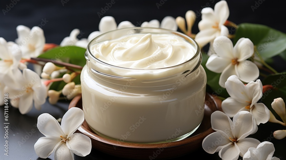 whitening and moisturizing Face cream in an open glass jar and flowers on white background. Set for spa, skin care and body products and solutions for skin problems such as scars, acne, wrinkles.