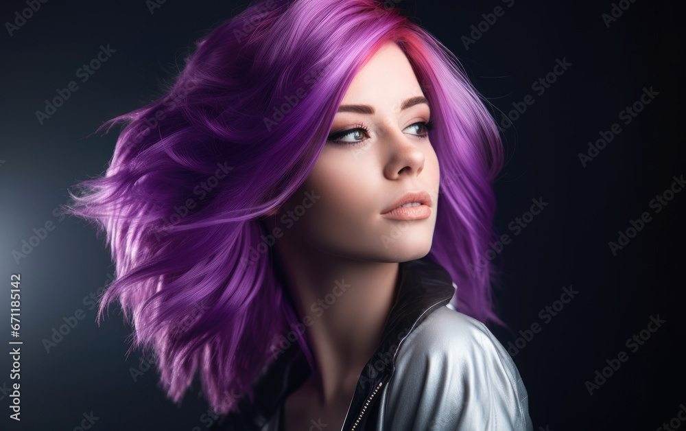 A woman visage with very modern purple hair A woman visage with very modern purple hair