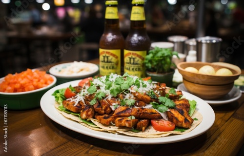 A plate featuring a delicious combination of chicken and salad, served alongside a refreshing beer, blending the flavors of Mexican and American cuisines photo